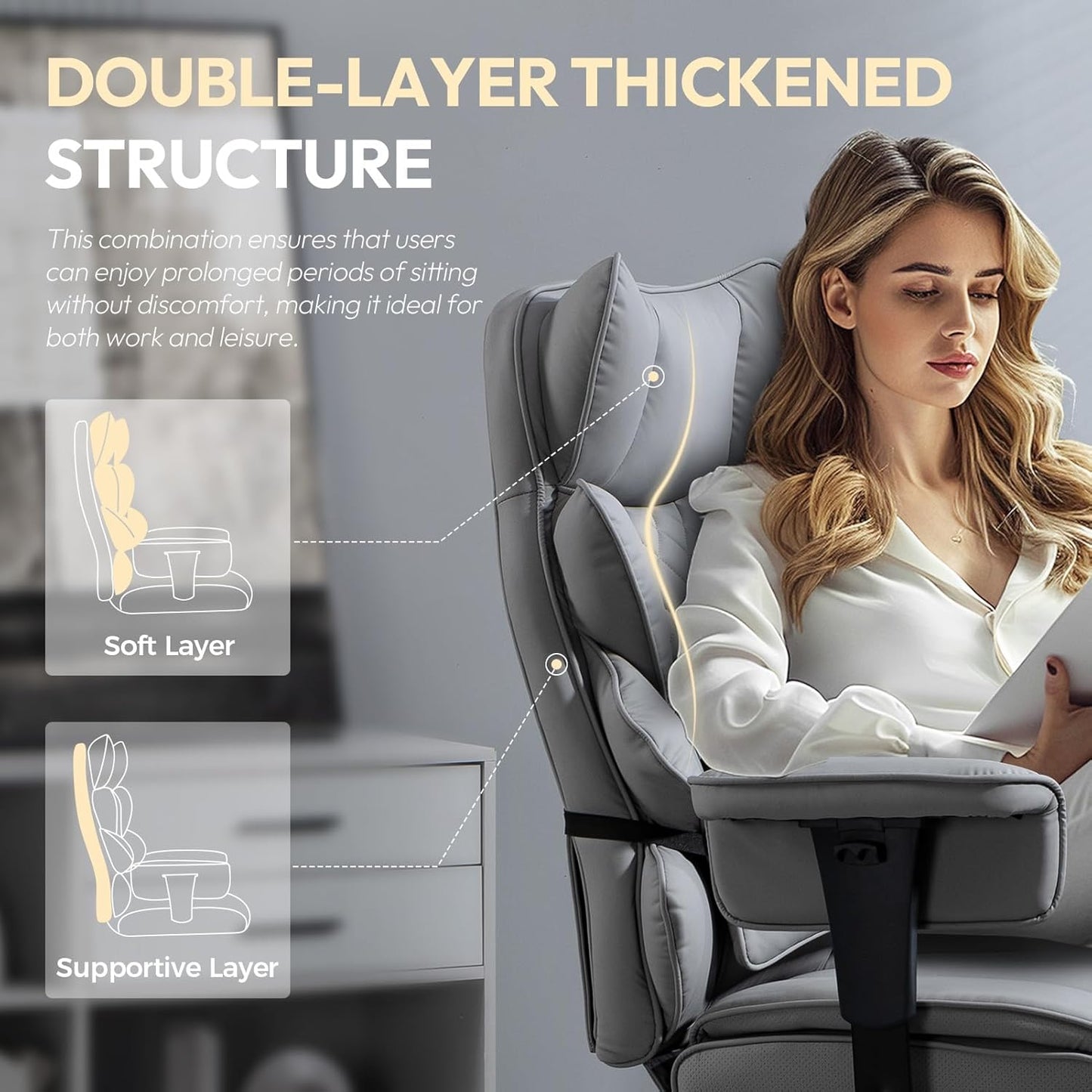 Dowinx Big and Tall Office Chair with Pocket Spring Cushion,High Back Computer Gaming Chairs with Adjustable Armrests and Lumbar Support,Executive Desk Chairs with Footrest(PU Leather,White)