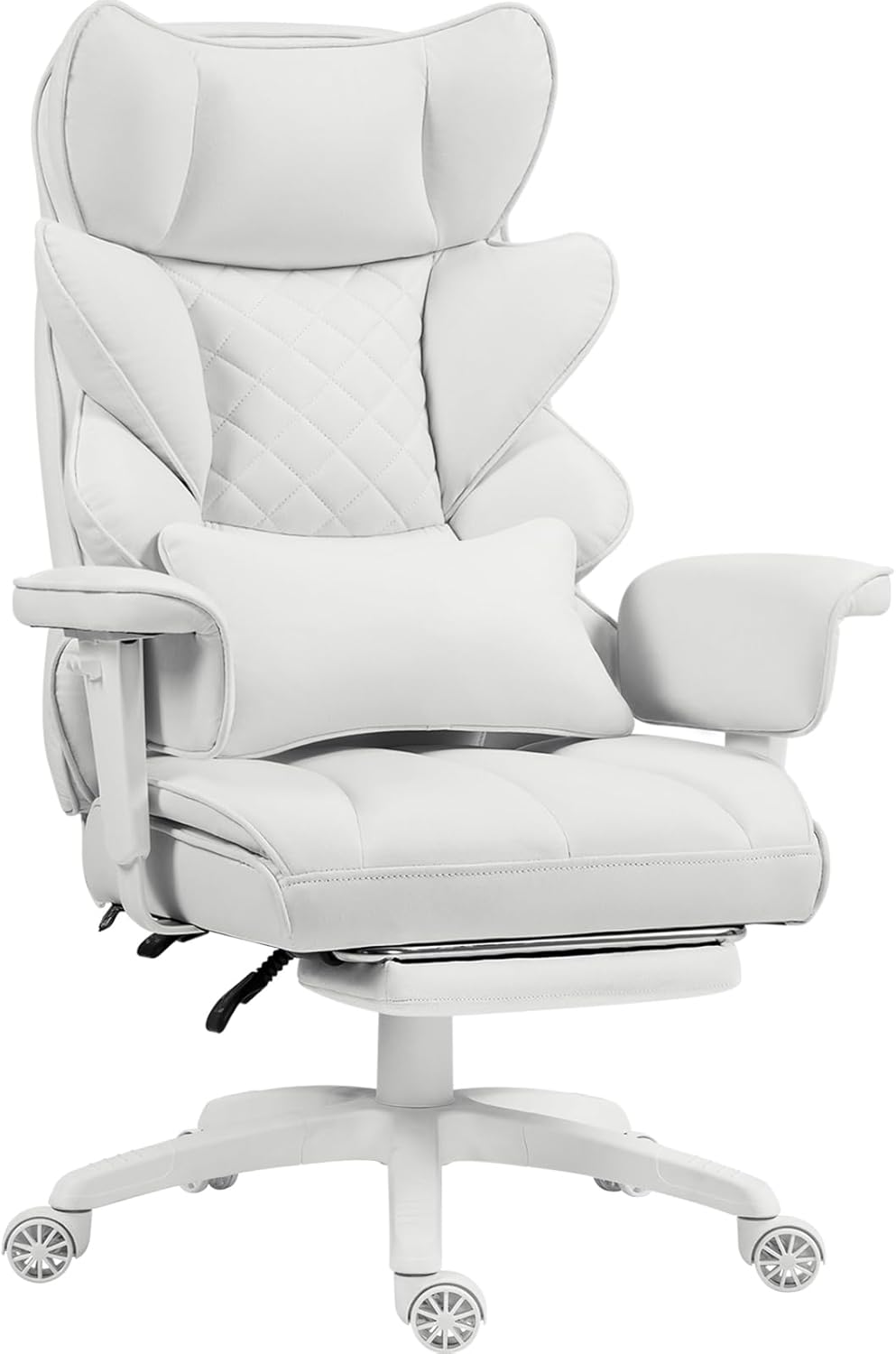 Dowinx Big and Tall Office Chair with Pocket Spring Cushion,High Back Computer Gaming Chairs with Adjustable Armrests and Lumbar Support,Executive Desk Chairs with Footrest(PU Leather,White)