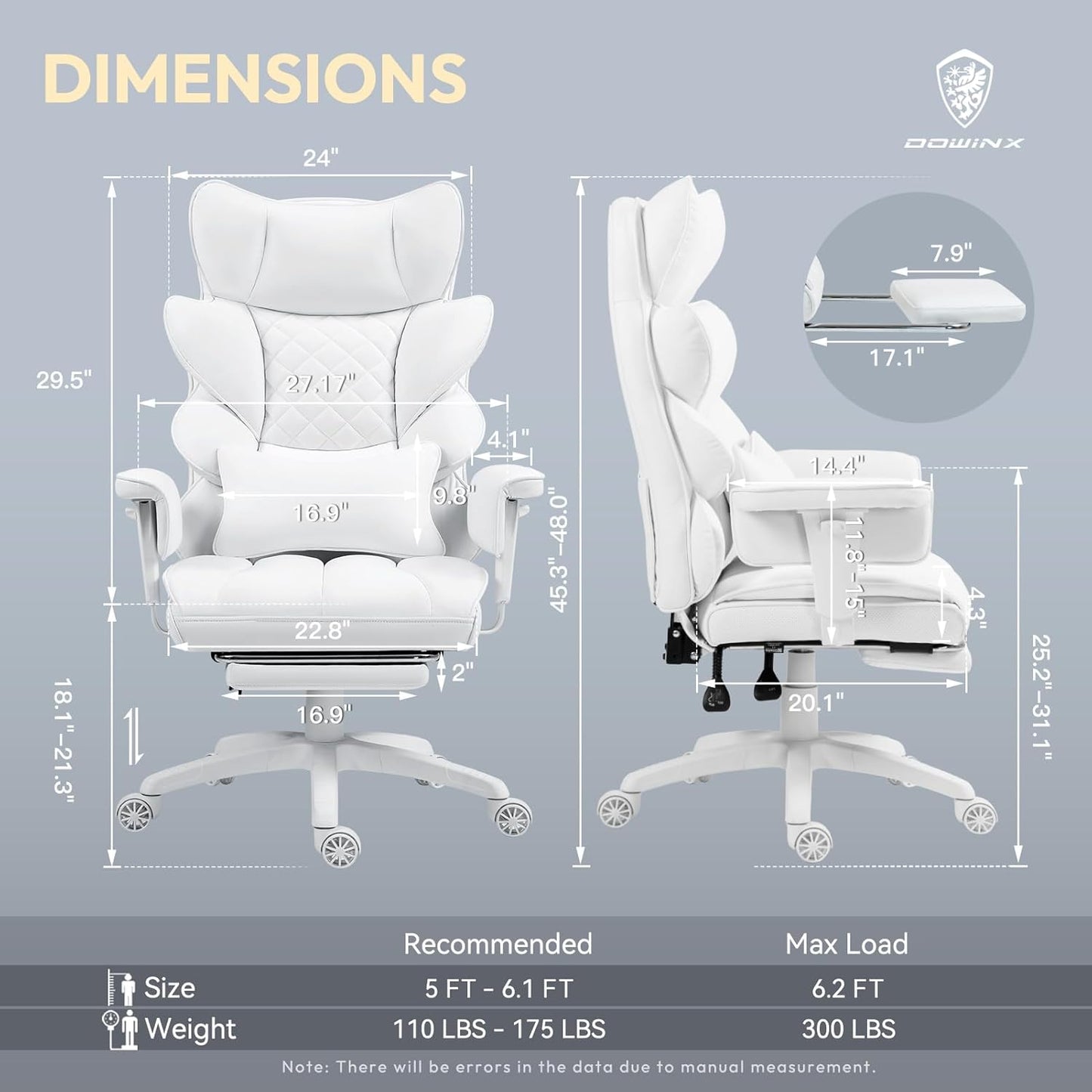 Dowinx Big and Tall Office Chair with Pocket Spring Cushion,High Back Computer Gaming Chairs with Adjustable Armrests and Lumbar Support,Executive Desk Chairs with Footrest(PU Leather,White)