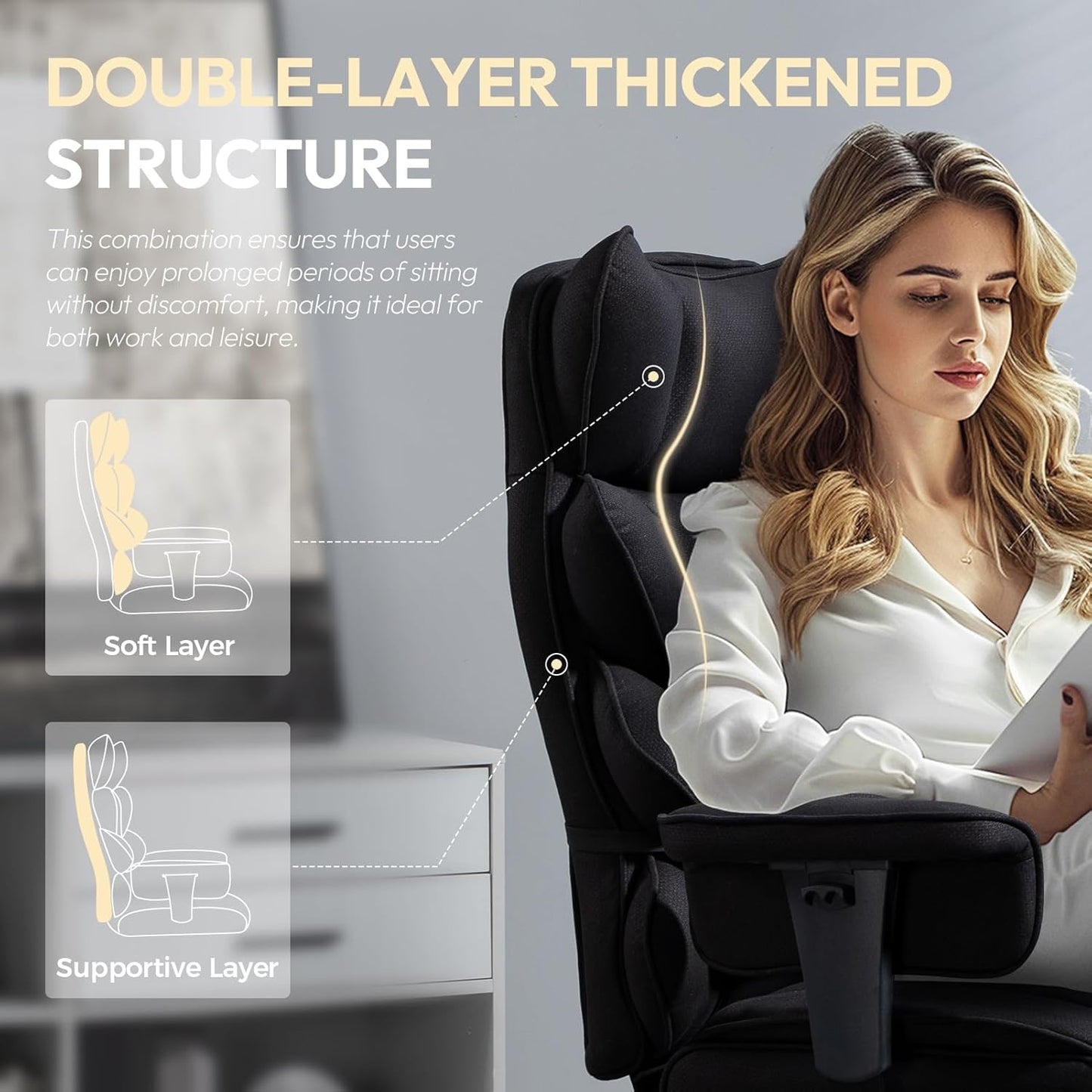 Dowinx Big and Tall Office Chair with Pocket Spring Cushion,High Back Computer Gaming Chairs with Adjustable Armrests and Lumbar Support,Executive Desk Chairs with Footrest(PU Leather,White)