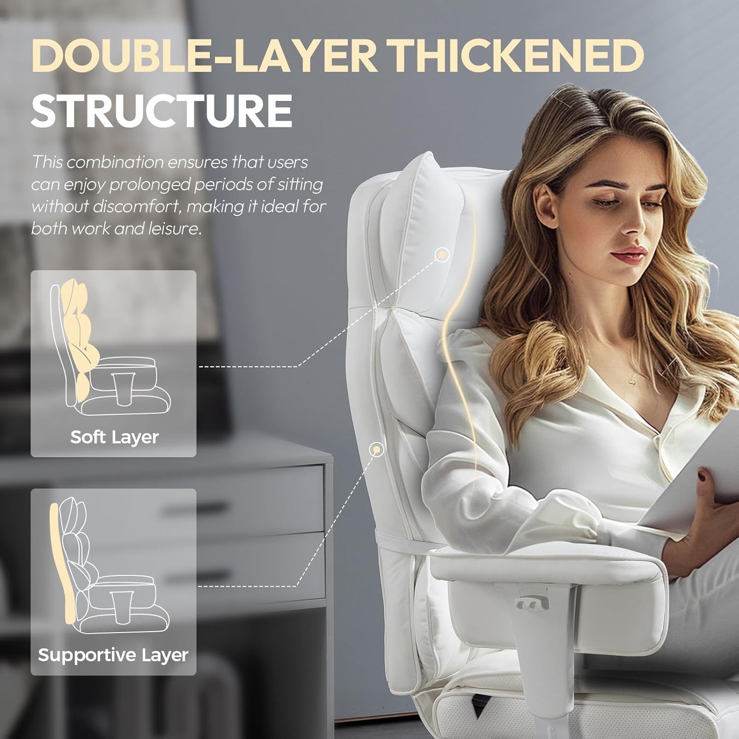 Dowinx Big and Tall Office Chair with Pocket Spring Cushion,High Back Computer Gaming Chairs with Adjustable Armrests and Lumbar Support,Executive Desk Chairs with Footrest(PU Leather,White)