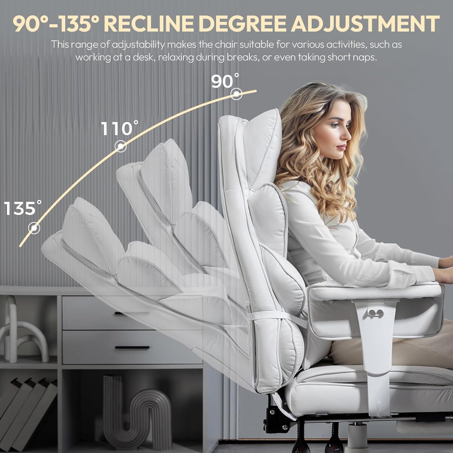 Dowinx Big and Tall Office Chair with Pocket Spring Cushion,High Back Computer Gaming Chairs with Adjustable Armrests and Lumbar Support,Executive Desk Chairs with Footrest(PU Leather,White)
