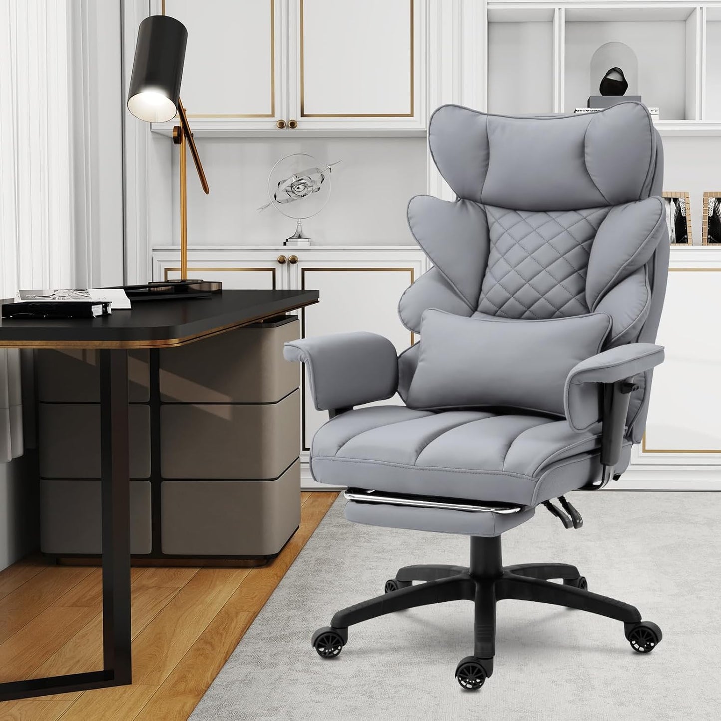 Dowinx Big and Tall Office Chair with Pocket Spring Cushion,High Back Computer Gaming Chairs with Adjustable Armrests and Lumbar Support,Executive Desk Chairs with Footrest(PU Leather,White)