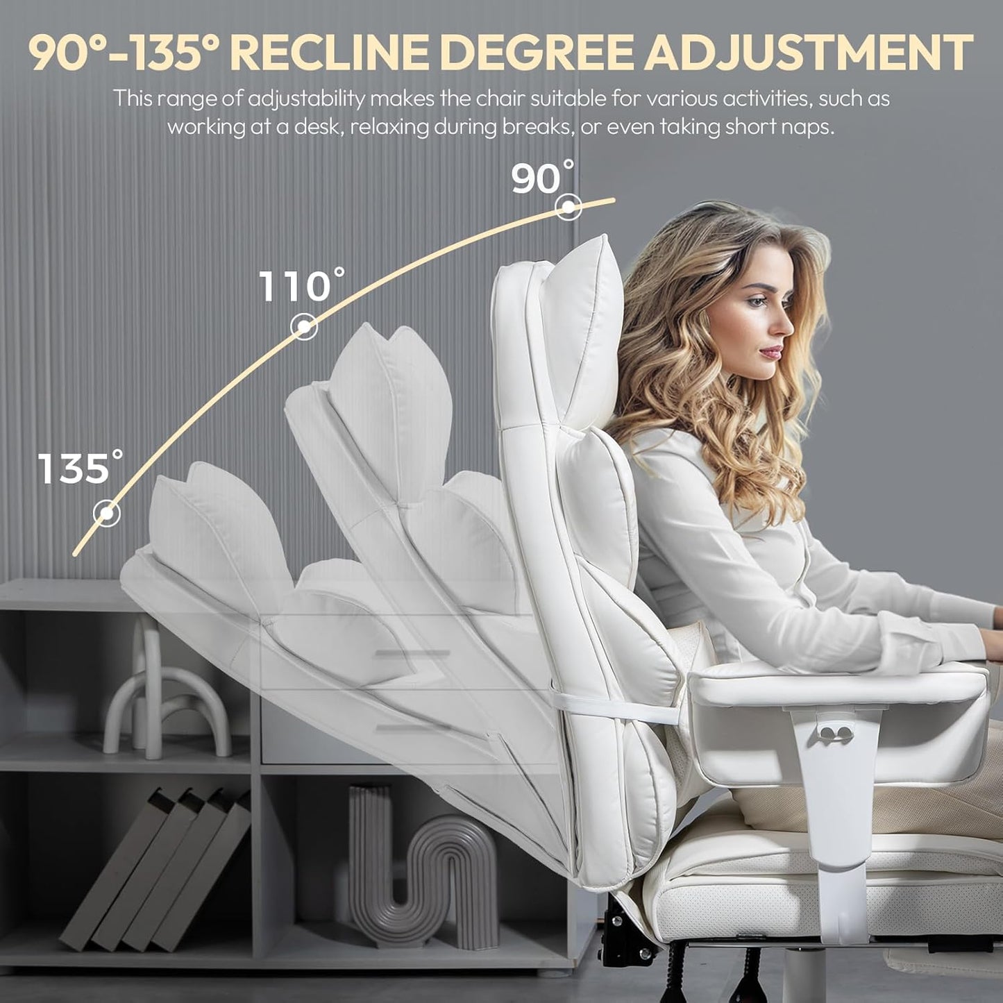 Dowinx Big and Tall Office Chair with Pocket Spring Cushion,High Back Computer Gaming Chairs with Adjustable Armrests and Lumbar Support,Executive Desk Chairs with Footrest(PU Leather,White)