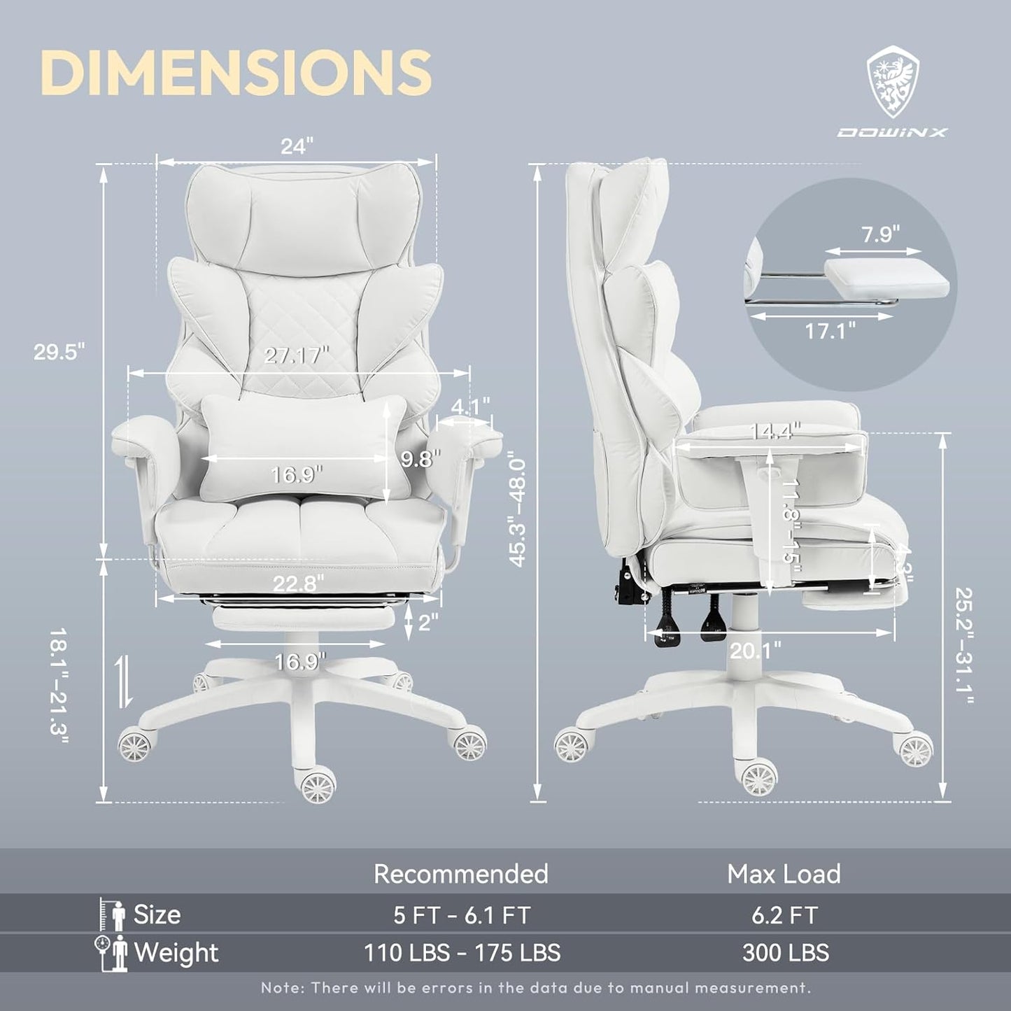Dowinx Big and Tall Office Chair with Pocket Spring Cushion,High Back Computer Gaming Chairs with Adjustable Armrests and Lumbar Support,Executive Desk Chairs with Footrest(PU Leather,White)