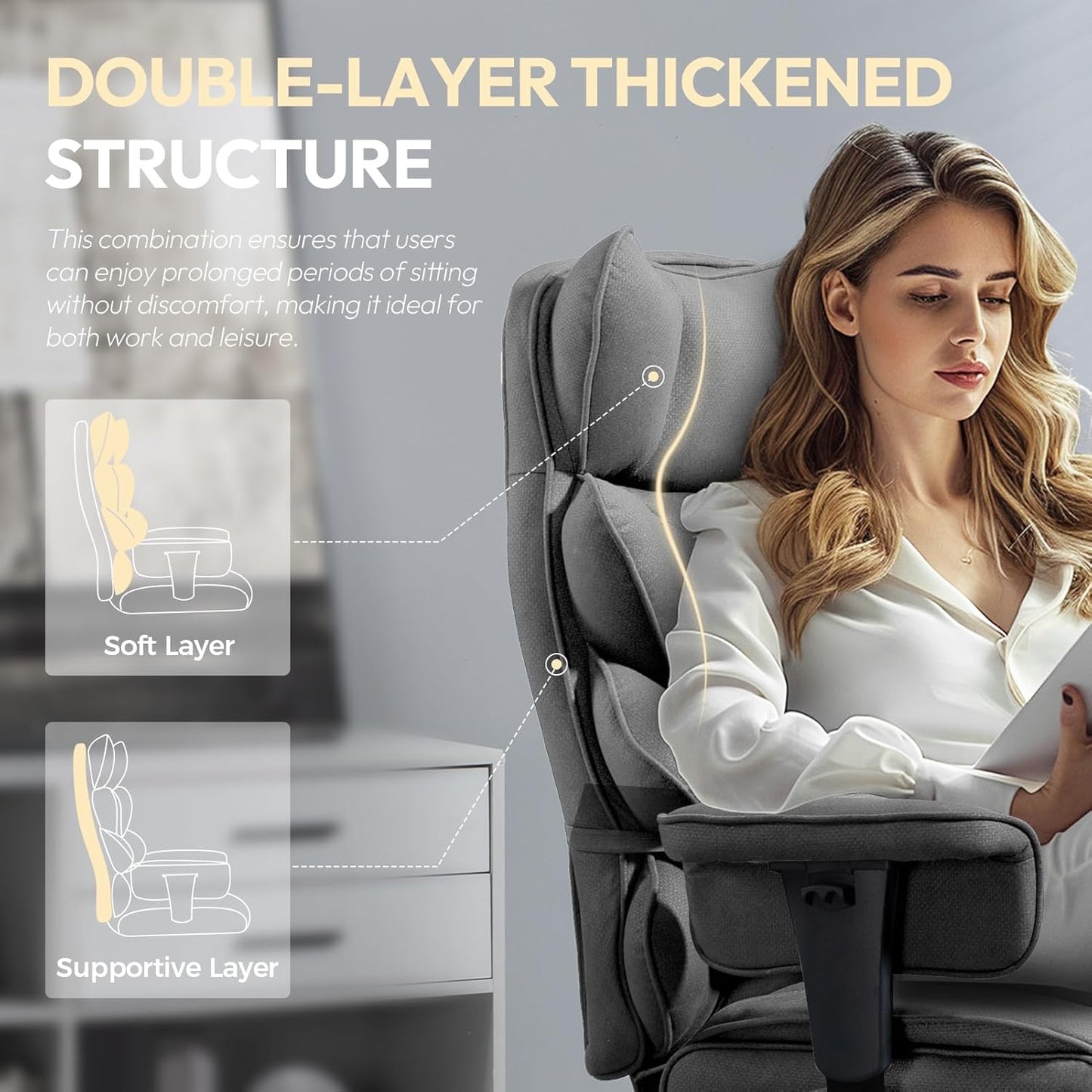 Dowinx Big and Tall Office Chair with Pocket Spring Cushion,High Back Computer Gaming Chairs with Adjustable Armrests and Lumbar Support,Executive Desk Chairs with Footrest(PU Leather,White)