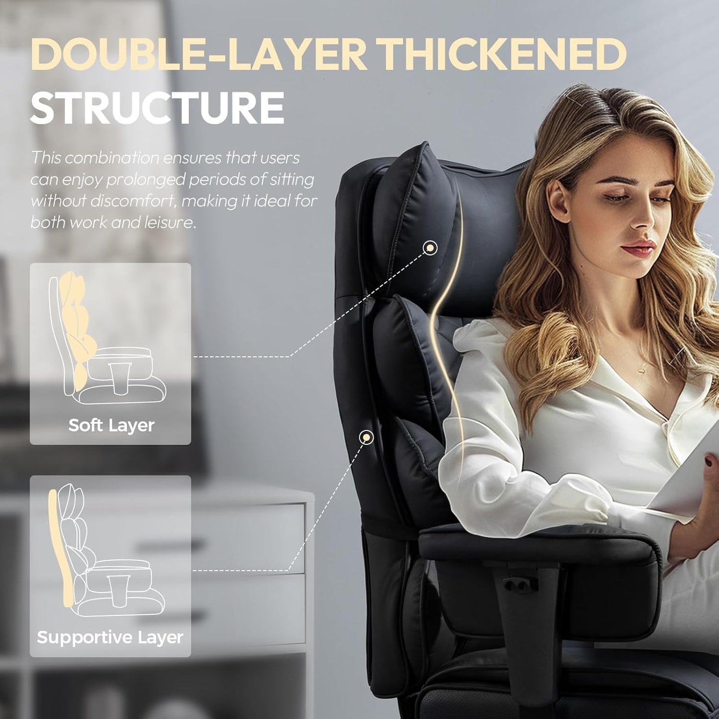 Dowinx Big and Tall Office Chair with Pocket Spring Cushion,High Back Computer Gaming Chairs with Adjustable Armrests and Lumbar Support,Executive Desk Chairs with Footrest(PU Leather,White)